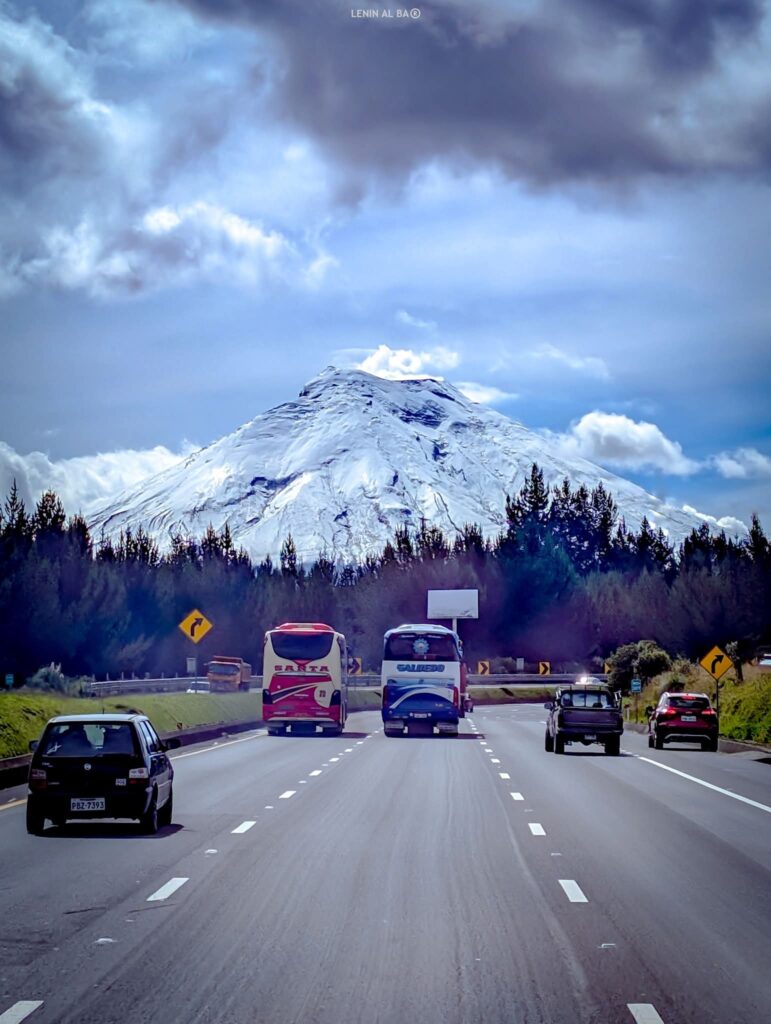 Snow-capped Cotopaxi volcano rising above a pine forest, seen from the Panamericana highway with buses and cars