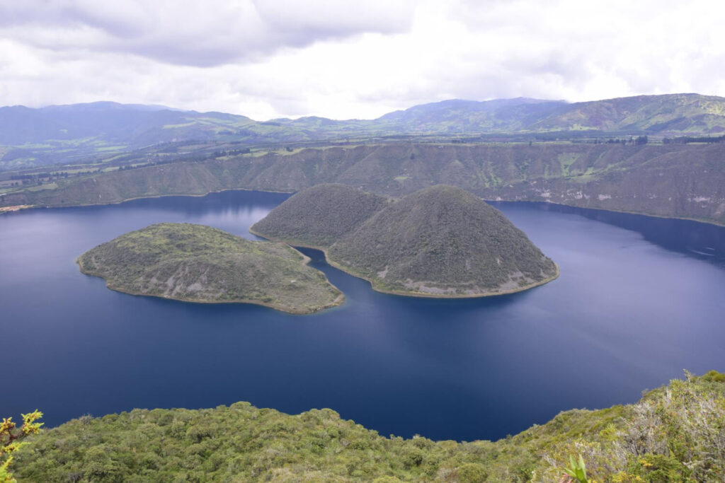 Islets in the Cuicocha crater lake near Cotacachi, Ecuador