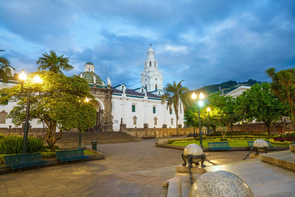 Plaza Grande in Quito historic center at dusk, Ecuador